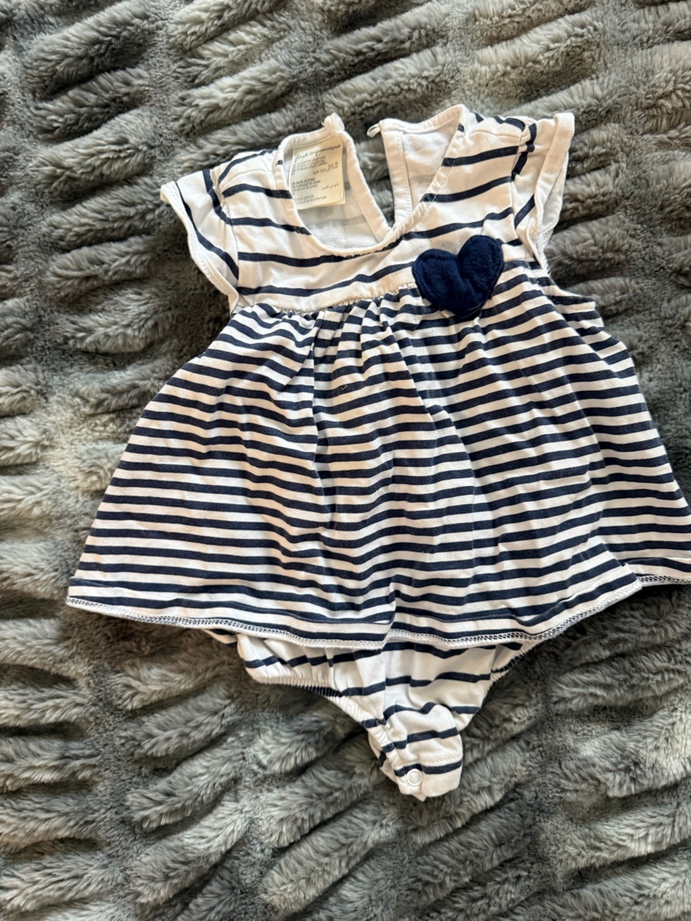First Impressions Navy and White Striped Romper with Heart